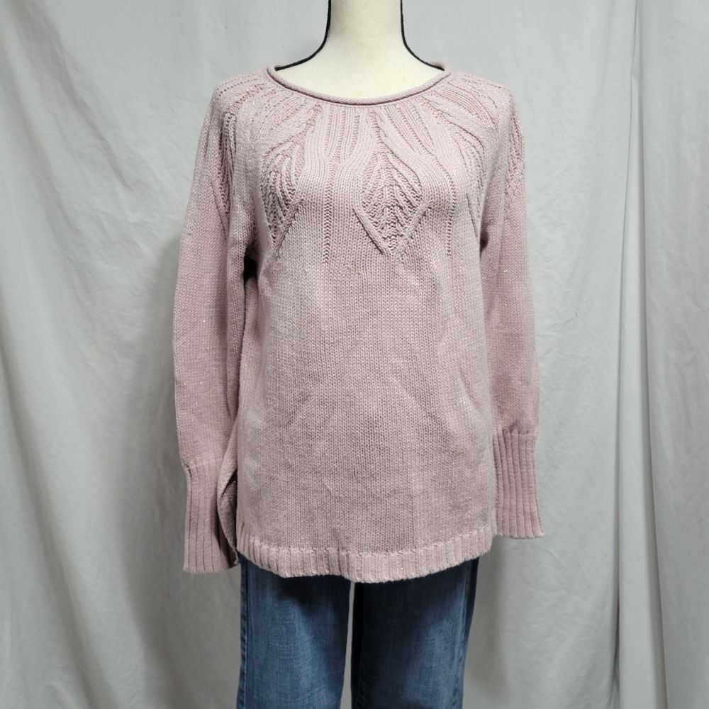 Chaps Pink pull over sweater with leaf design and gold thread, Sz S New